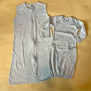 Cozy Gray Baby Pajama Set, sleep sack (0-6mo) and sleep gown (0-3mo).
